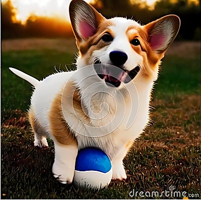 corgi puppy playing with a ball Stock Photo