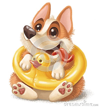 Corgi puppy sitting in a yellow duck swimming ring Stock Photo