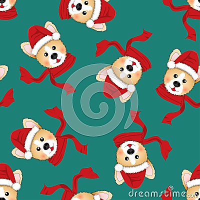 Corgi Santa Claus with Red Scarf on Green Background. Vector Illustration Vector Illustration