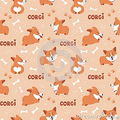 Corgi seamless pattern. Cute puppies background. Vector Vector Illustration
