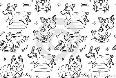 Corgi seamless pattern in outline. Funny background with cartoon dogs Vector Illustration