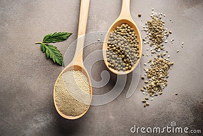 Coriander seeds in wooden spoons on stone background. Top view. Stock Photo