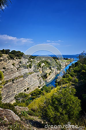 Corinth Canal, tidal waterway across the Isthmus of Corinth in Greece, joining the Gulf of Corinth with the Saronic Gulf Stock Photo