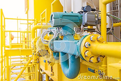 Coriolis flow meter or mass flow meter for measurement of oil and gas fluids in pipe line Stock Photo