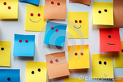 cork board with colorful post its representing various emoticons with various emotions communication concept Stock Photo