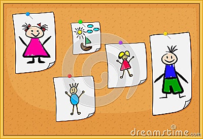 Cork board with kids drawings. sheets of paper with pictures of baby. Hand drawn illustration of pin board with draws. infants Vector Illustration