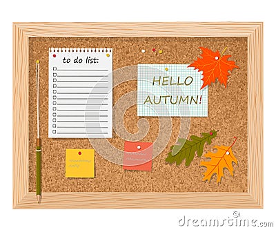 Cork board with to do list, adhesive notes and push pins. Hello, Autumn Cartoon Illustration