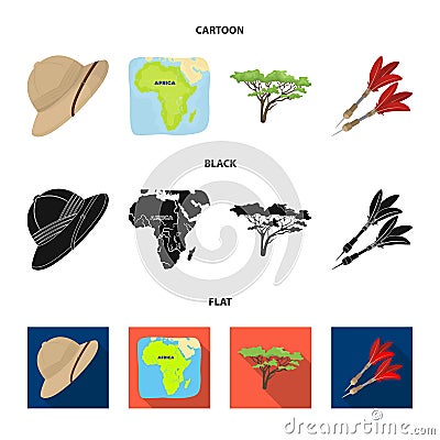 Cork hat, darts, savannah tree, territory map. African safari set collection icons in cartoon,black,flat style vector Vector Illustration