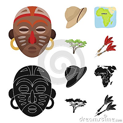 Cork hat, darts, savannah tree, territory map. African safari set collection icons in cartoon,black style vector symbol Vector Illustration