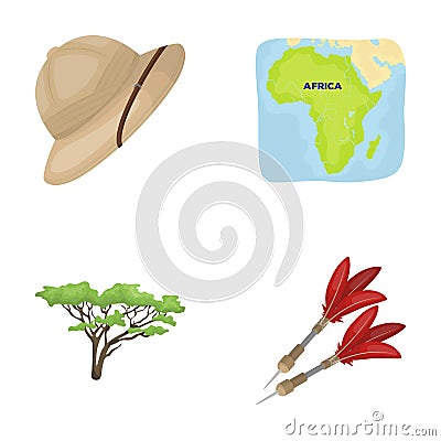 Cork hat, darts, savannah tree, territory map. African safari set collection icons in cartoon style vector symbol stock Vector Illustration