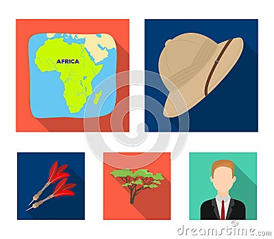 Cork hat, darts, savannah tree, territory map. African safari set collection icons in flat style vector symbol stock Vector Illustration