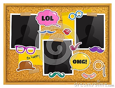 Cork notice board with photo frames, patches or stickers, sticky notes and scotch tape. Vector. Vector Illustration