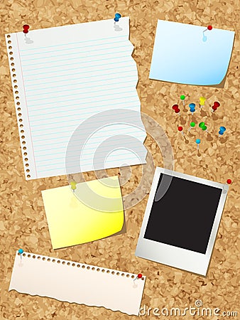 Cork noticeboard with papers Vector Illustration