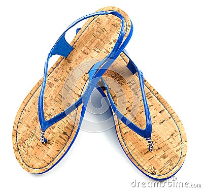 Cork soled blue flip flop sandals Stock Photo