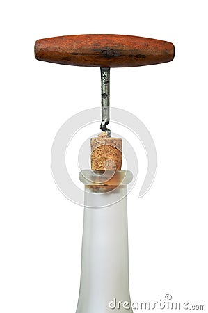 Corkscrew, cork and bottle Stock Photo