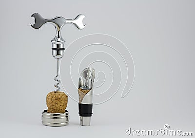 Corkscrew with a cork on a white background Stock Photo