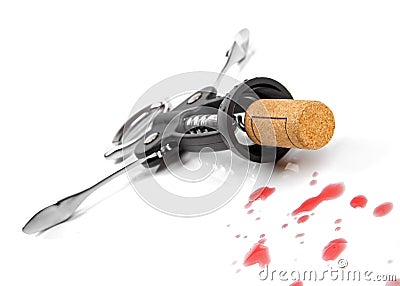 Corkscrew and red wine drops Stock Photo