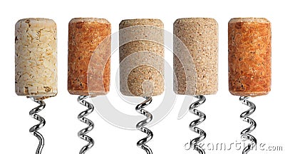 Corkscrews with wine corks on white background Stock Photo