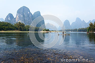 Li River scenery sight with fog in spring, Guilin, China Editorial Stock Photo