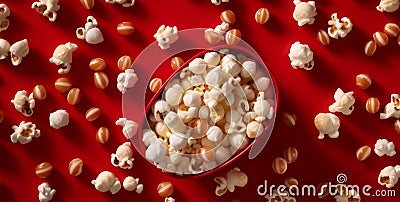 corn box red food blue cinema film bucket background fast popcorn food. Generative AI. Stock Photo