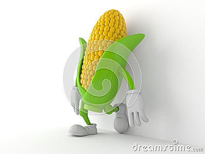 Corn character leaning on wall on white background Cartoon Illustration