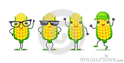 Corn Character with Various Face Expressions Vector Illustration