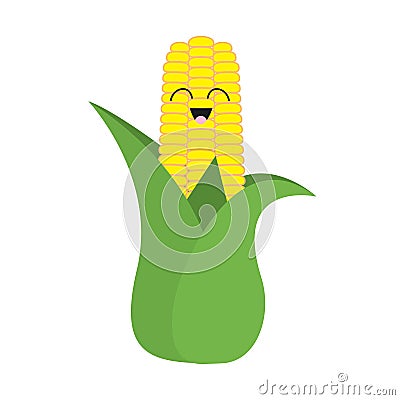 Corn cob ear with leaves icon. Yellow color. Vegetable collection. Fresh farm healthy food. Smiling face. Cute cartoon character. Vector Illustration