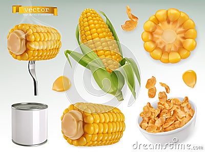 Corn cob, grains, corn flakes. Set vector elements. Package design Vector Illustration