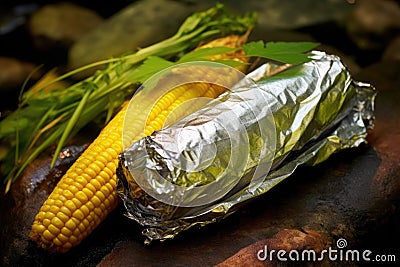 corn on the cob wrapped in foil, cooking in campfire Stock Photo