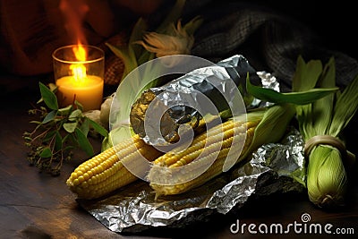 corn on the cob wrapped in foil, cooking in campfire Stock Photo