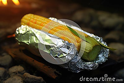 corn on the cob wrapped in foil, cooking in campfire Stock Photo