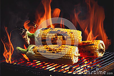 Corn on the cobs cooking on a fiery BBQ grill cob Stock Photo