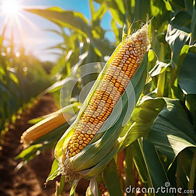 Corn cobs on a corn plantation field, in the bright rays of the sun, absolute reality, highly rendered Stock Photo