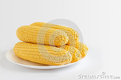 Corn cobs on plate isolated on white Stock Photo