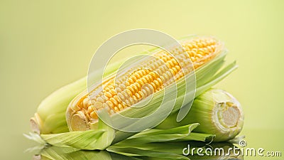 Corn cobs on yellow and green bright background. Fresh raw ripe Sweetcorn closeup. Corn on the cob Stock Photo