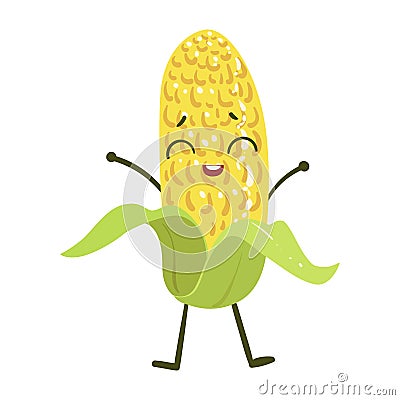 Corn Cute Anime Humanized Smiling Cartoon Vegetable Food Character Emoji Vector Illustration Vector Illustration