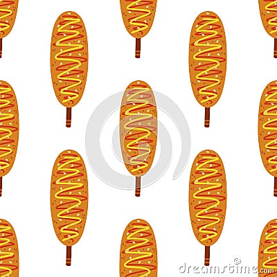 Corn dog seamless vector pattern. Delicious deep-fried sausage in dough. Hot snack with ketchup, mustard, sesame. Street fast food Vector Illustration