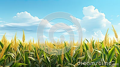 corn field with corn plants basking in the warm sunlight on a beautiful, sunny day. Stock Photo