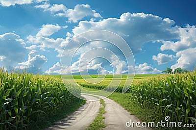 Corn field and a road in the middle of the picture. Background with blue sky and white clouds. AI generated Cartoon Illustration