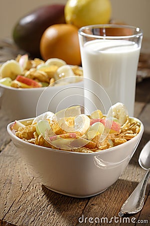 Corn flakes with fruits Stock Photo