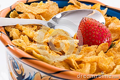 Corn Flakes and Strawberries - Close up Stock Photo