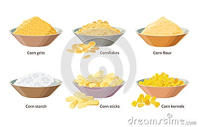 Corn food, products made from maize, corn grits, cornflakes, flour, starch, corn sticks, kernels in bowls - set of Vector Illustration