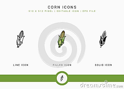 Corn icons set vector illustration with solid icon line style. Vegetable healthy concept. Vector Illustration