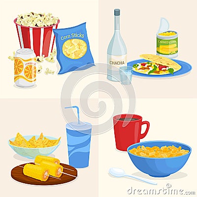 Corn Meals Compositions Set Vector Illustration