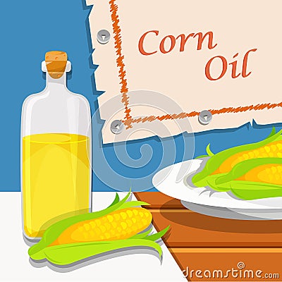 Corn oil, glass bottle of vegetable oil and corncob vector Illustration design element for banner, poster Vector Illustration