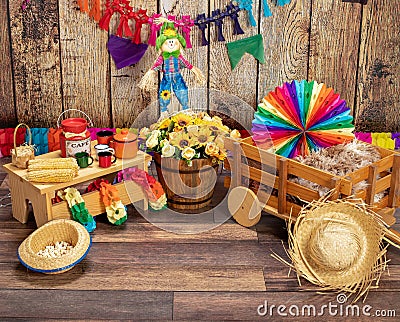 Corn, popcorn and straw hat. Typical table arrangements for the Brazilian Festa Junina - June Festival. Stock Photo