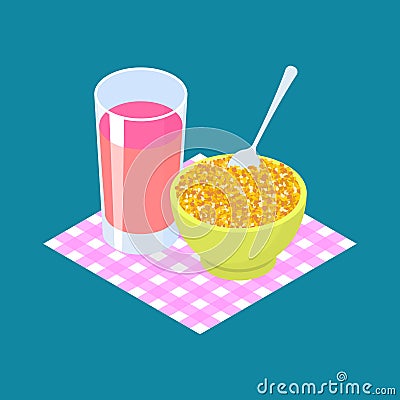 Corn Porridge and fruit juice. Breakfast Healthy food. Vector il Vector Illustration