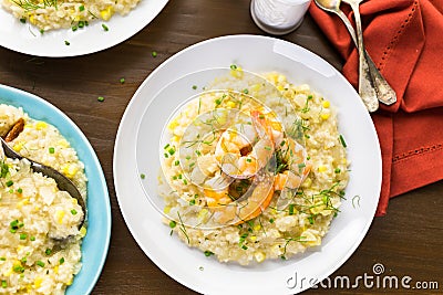 Corn Risotto with Roasted Shrimp Stock Photo