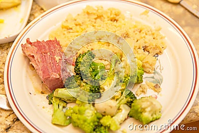 Corned Beef, Broccoli, and Rice Stock Photo