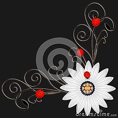 Corner with abstract daisy a red ladybugs on a black background. Vector Illustration